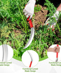 Gardener using 2 Pack Harvest Sickle With Plastic Handles, Sawtooth 6.5 Inch Stainless Steel Blade, Japanese Weeding Hoe, for weeding.