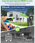 WiFi Garden Water Timer For 2 Zone Sprinklers, Smart Irrigation Controller showing RF433 coverage up to 984 feet diagram.