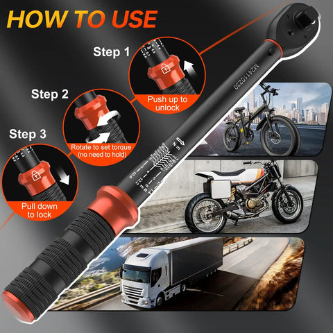 Upgraded 8 Piece Torque Wrench Set With 1/4 3/8 And 1/2 Inch Drives Click Style Pro Grade Accuracy usage steps illustration