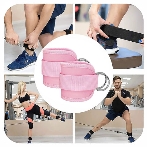 Badass Leg Straps For Cable Machines And Home Gym Hustle, Dual Pack Heavy Duty Double D Ring Cuffs with neoprene padding in use.
