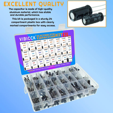 Mega Value 24 Value 630 Piece Electrolytic Capacitor Kit organized in a labeled plastic case, showing various capacitor values.