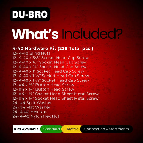 Image showing the included components of the All-In-One 4-40 Hardware Kit With 228-Piece Fastener Set including various screws and nuts.