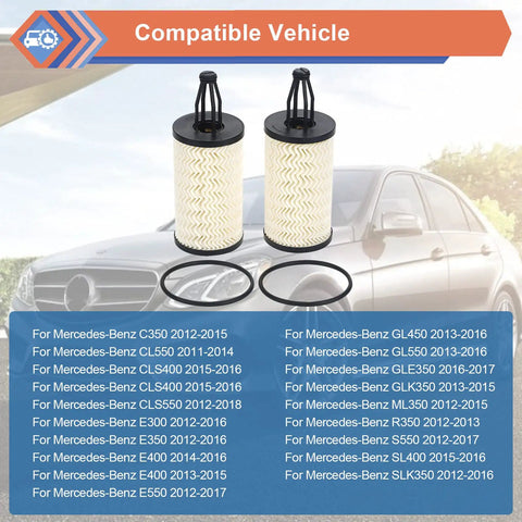 Two Pack Engine Oil Filter Set For Mercedes Benz C Class CLS E Class CLE S ML SL Series Replaces 2761800009 with compatibility list