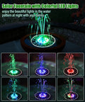 Upgraded 100 Percent Glass Solar Fountain With 3.5W Pump Built In 2000mAh Battery Seven Nozzles And Four Fixers Colorful Outdoor Bird Bath Water Feature for garden or pool cool eco friendly solar power displaying colorful LED lights at night