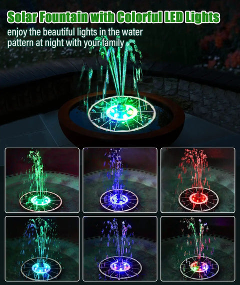 Upgraded 100 Percent Glass Solar Fountain With 3.5W Pump Built In 2000mAh Battery Seven Nozzles And Four Fixers Colorful Outdoor Bird Bath Water Feature for garden or pool cool eco friendly solar power displaying colorful LED lights at night