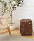 Round Water Hyacinth Storage Basket with Lid and Wheels Boho Chic Natural Rattan Bin as Ottoman Seat in Living Room