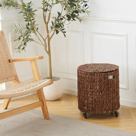 Round Water Hyacinth Storage Basket with Lid and Wheels Boho Chic Natural Rattan Bin as Ottoman Seat in Living Room