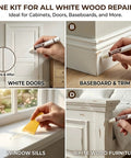 Before and after image showing the use of Premium White Wood Repair Wax Sticks on white doors and baseboard.