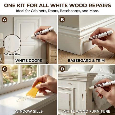 Before and after image showing the use of Premium White Wood Repair Wax Sticks on white doors and baseboard.