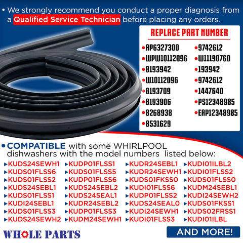 Upgraded Dishwasher Door Gasket Seal Replacement W11196317 For Most 24 Inch Dishwashers, list of compatible model numbers visible.