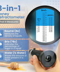 3-In-1 Honey Refractometer With ATC For Brix 58 To 90 Percent, Baume 38 To 43 Degrees, And Moisture 12 To 27 Percent, Easy To Calibrate, Go-To Beekeeping Tool For Honey, Maple Syrup, Molasses, And More. black handheld honey refractometer with Brix, Baume and water scale