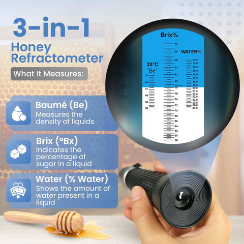 3-In-1 Honey Refractometer With ATC For Brix 58 To 90 Percent, Baume 38 To 43 Degrees, And Moisture 12 To 27 Percent, Easy To Calibrate, Go-To Beekeeping Tool For Honey, Maple Syrup, Molasses, And More. black handheld honey refractometer with Brix, Baume and water scale