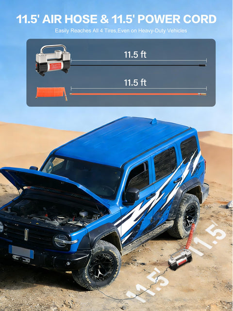 Blue SUV using 6X Faster Inflation Double Cylinder Tire Inflator With Portable Bag Heavy Duty 12V Air Compressor