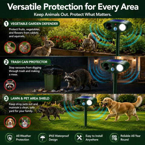 4 Pack Solar Ultrasonic Animal Deterrents With PIR Motion Sensor, Waterproof Outdoor Yard Deterrents For Deer, Raccoons, Squirrels, Cats, Rabbits, Skunks And Foxes That Scare Off Pests With LED Alerts No Fuss Setup, garden use