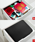 Fireproof And Water-Resistant Document Bag With Lock Three Layer Go-To File Storage Case For Laptop Papers Certificates And Travel Portable Home Office Organizer For Important Docs On The Go Black in drawer, before and after organization