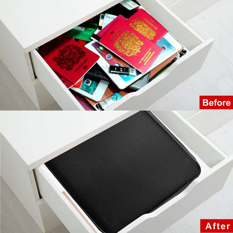 Fireproof And Water-Resistant Document Bag With Lock Three Layer Go-To File Storage Case For Laptop Papers Certificates And Travel Portable Home Office Organizer For Important Docs On The Go Black in drawer, before and after organization