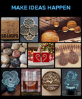 Home laser-engraving crafts collage: wood shapes, mugs, rocks, and metal decor items