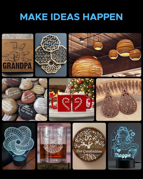 Home laser-engraving crafts collage: wood shapes, mugs, rocks, and metal decor items
