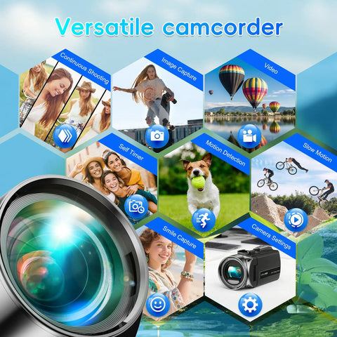 Versatile camcorder features for YouTube vlogging, including 4K Video Camcorder, 36MP Photos, 18x Digital Zoom, Flip Screen, and more.