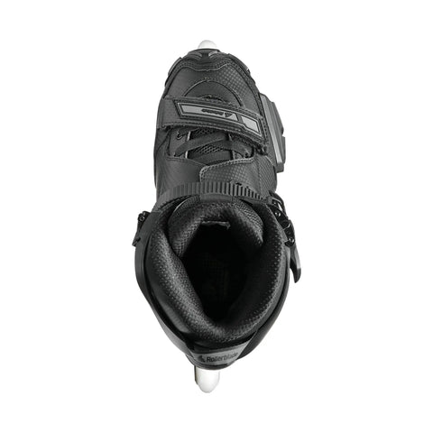 Top view of Crossfire Slalom Inline Skates For Adults Black Urban Performance Gear Secure Fit With anatomical tongue and 45 micro buckle.