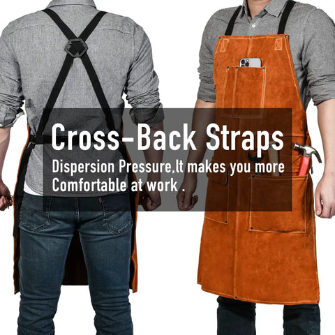 Heavy Duty Split Cowhide Leather Welding Apron With Full Coverage Flame Retardant Build Double Stitched Seams And Top Shelf Heat Resistance Crafted For Shop Crews Needing Reliable Gear Against Hot Sparks And Tough Daily Grinds