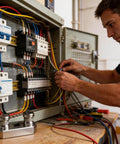 Technician using Heavy Duty 1/2 Inch Ratchet Cable Wire Bender For Up To 500 Mcm Conductors inside electrical panel.