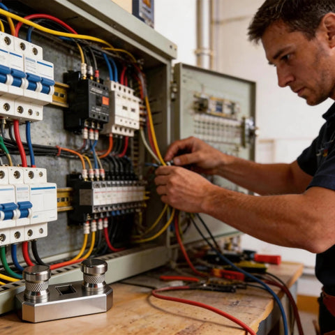 Technician using Heavy Duty 1/2 Inch Ratchet Cable Wire Bender For Up To 500 Mcm Conductors inside electrical panel.