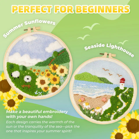 Beginner Punch Needle Kit For Adults With All Tools And Materials Easy To Follow Instructions And Video Tutorials Linen With Water Soluble Pattern Complete Starter Embroidery Set For Spring Bloom Designs showing two hoop designs