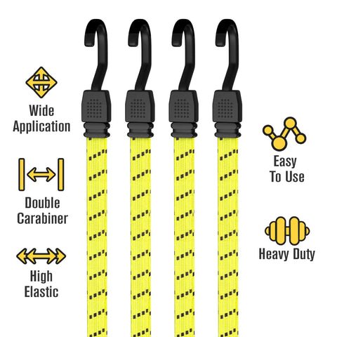 Heavy Duty 48 Inch Bungee Cords With Hooks 4 Pack For Moving And Hauling Flat Rubber Elastic Tie Down Straps overview