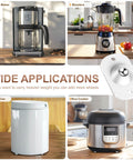 Image showing multiple kitchen appliances and 8 Pack Self Adhesive Appliance Casters Wheels for universal use on trash cans, coffee makers, and more.