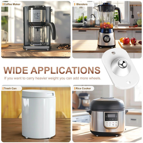 Image showing multiple kitchen appliances and 8 Pack Self Adhesive Appliance Casters Wheels for universal use on trash cans, coffee makers, and more.