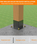 Close-up of Beefy 4x4 Post Base Kit For Decks And Fences, Powder Coated Carbon Steel Post Anchor Brackets, Inner 3.5 By 3.5 Inches, shown installed on concrete.