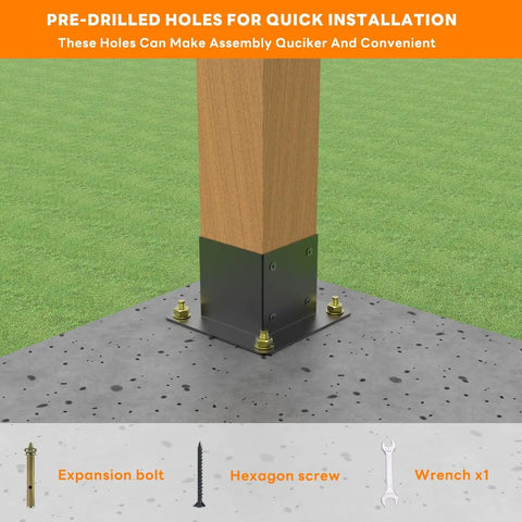 Close-up of Beefy 4x4 Post Base Kit For Decks And Fences, Powder Coated Carbon Steel Post Anchor Brackets, Inner 3.5 By 3.5 Inches, shown installed on concrete.