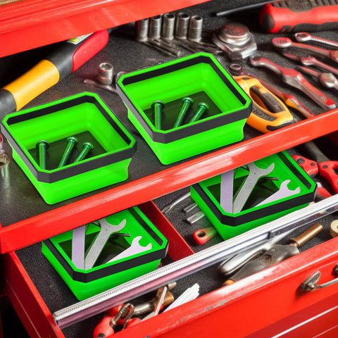Premium Hustle Ready Collapsible Magnetic Tool Tray 10 Piece Set Silicone Parts Organizer For Mechanics Heavy Duty Liquid Resistant Magnet Holder Foldable Garage Kit Real Deal Setup Green with tools and screws in organizer trays.