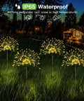 Solar Powered Firework Garden Lights 4 Pack With 120 LED Starburst String 8 Modes in a rainy backyard night scene