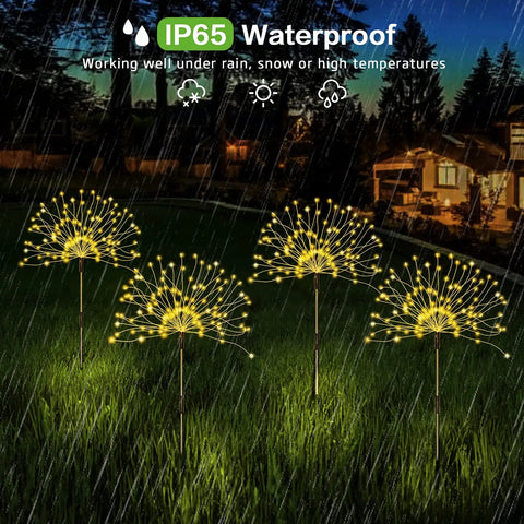 Solar Powered Firework Garden Lights 4 Pack With 120 LED Starburst String 8 Modes in a rainy backyard night scene