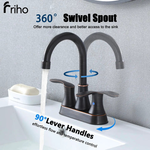 Lead Free Centerset Modern Two Handle Oil Rubbed Bronze Bathroom Faucet 3 Hole 4 Inch Vanity for RV and Home with swivel spout