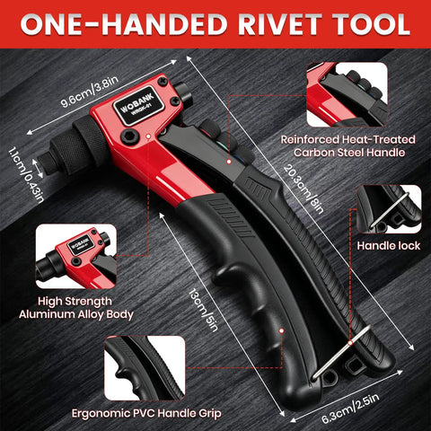 Rivet Gun Kit With 430 Aluminum Rivets, 4 Drill Bits And Protective Gloves In Portable Carrying Case For Home Workshop And Sheet Metal Projects, Great For Repairs And DIY Metalwork. One-handed rivet tool, 20.3cm