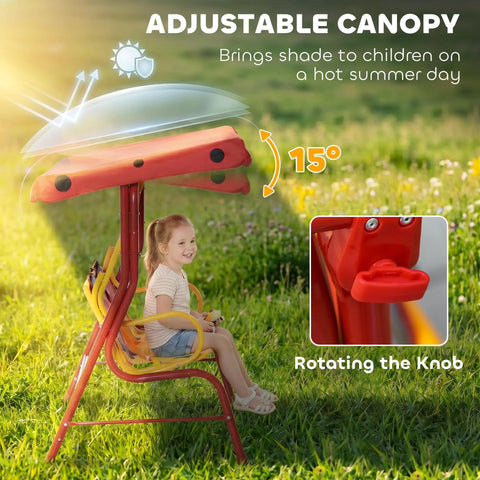 Child sitting on Kids Patio Swing Bench With Adjustable Canopy And Safety Belt 2-Seater Outdoor Swing Chair in garden