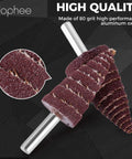 Close-up of a high-quality 20 Piece 80 Grit Aluminum Oxide Flap Wheel Sander Set With Cone And Cylindrical Grinding Heads, Quarter Inch Shank Fits Rotary Tools For Pro Polishing, Metal Finishing, And DIY Projects showing the textured surface.