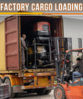 Workers loading machinery into a container with a forklift outside a factory labeled 'Factory Cargo Loading'