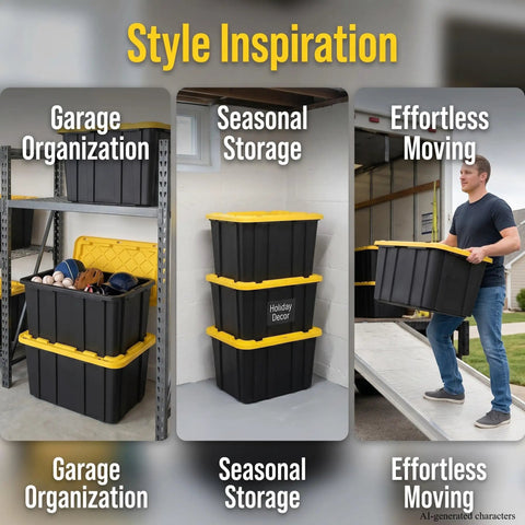 Badass Heavy Duty 6 Pack 27 Gallon Storage Bins Stackable Plastic Totes Snap Lids Black Containers Yellow Latches Garage Home Organization No Sweat Clutter Solution For Any Space