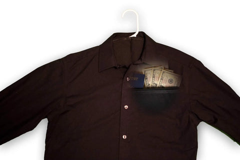 Under Clothes Lowkey Hidden Safe Hanger Diversion Pocket for stashing valuables discretely shown under a shirt.