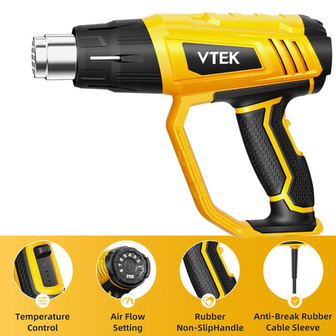Heavy Duty 1800W Heat Gun With Quick Heating Adjustable 140°F To 1202°F Thermostat, 3 Speed Airflow, 4 Nozzles