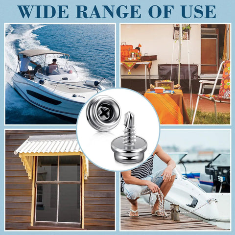 Heavy Duty Marine Boat Cover Snaps 24 Pack Stainless Steel 3/8 Inch Socket Studs shown in various uses with boats and outdoor settings.