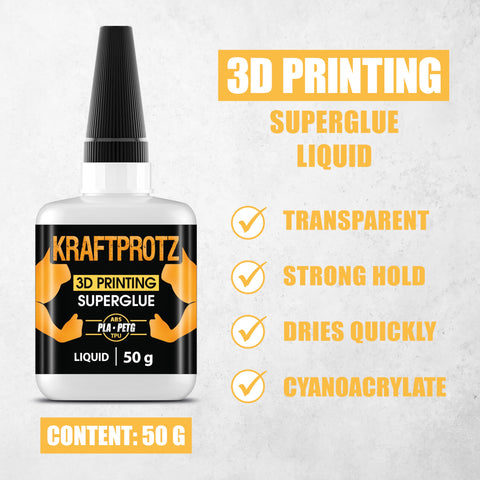 Ultra Fast Dry 3D Printer Glue For PLA, ABS, PETG, TPU, Nylon And ASA, Clear Capillary Action Adhesive, 50g bottle