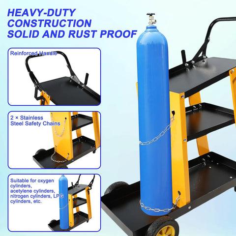 Heavy Duty Rolling Welding Cart With Wheels For Welder And Plasma Cutter, Pro Grade Multi Function Gas Bottle Stand with safety chains