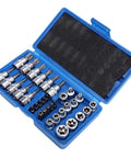34 Piece External Steel Socket Set With Storage Case For Automotive Tools, heavy duty sockets in open blue case for torque applications.