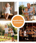 Outdoor And Indoor Wooden Swing For Adults And Kids With Adjustable Hemp Rope And Tree Straps, various uses shown
