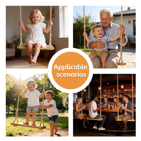 Outdoor And Indoor Wooden Swing For Adults And Kids With Adjustable Hemp Rope And Tree Straps, various uses shown